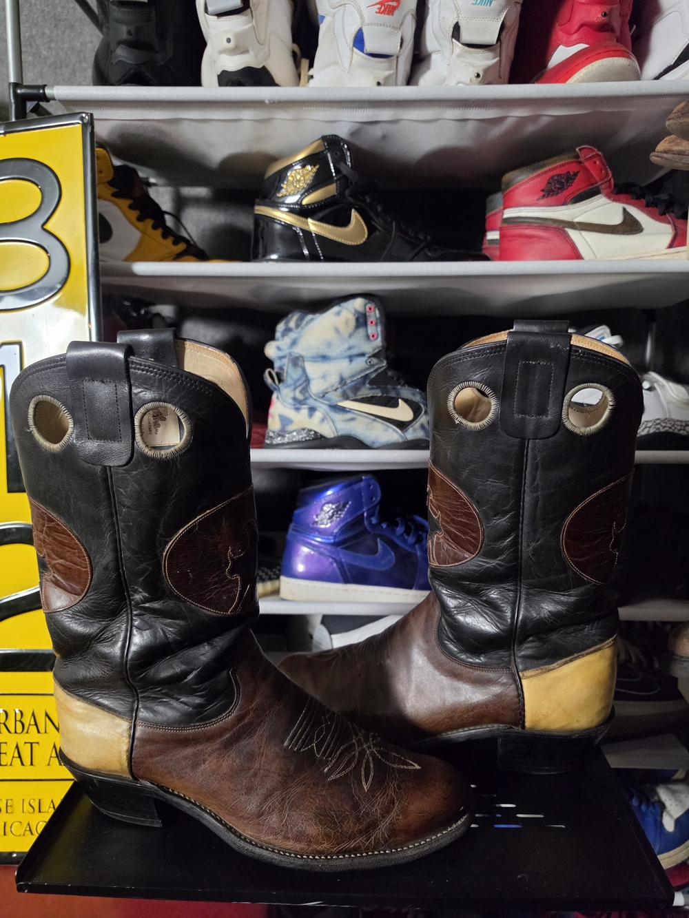 🔥 Olathe Boot Co. Men Size 9.5 Two-Tone Brown Black Cowboy Boots with Tan Heel